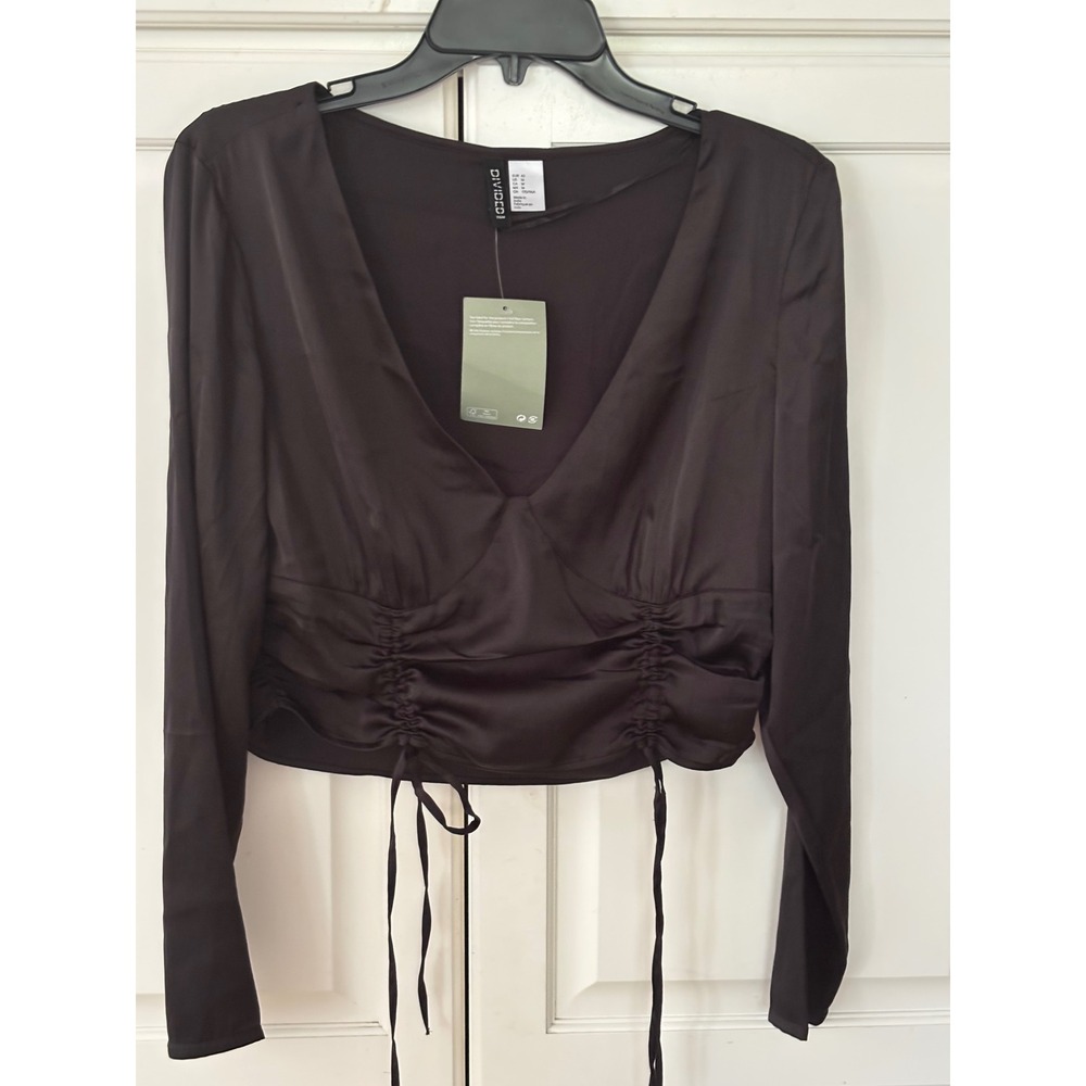 H&M Divided Blouse Top Long Sleeve V Neck Ruched Tie Front Brown Medium